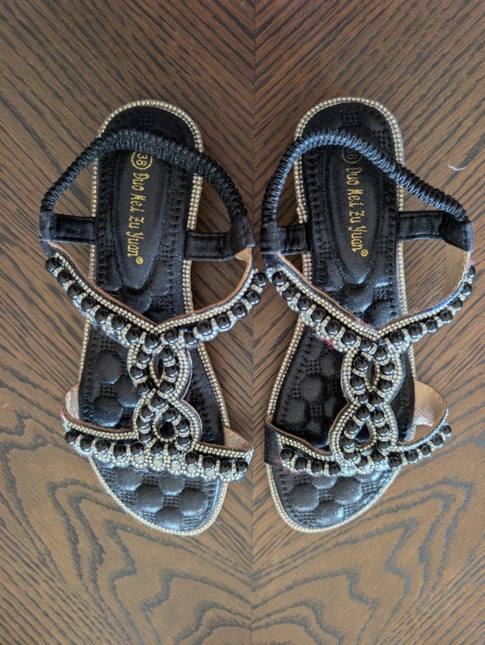 Beaded Black Women's T-Strap Sandals - Elegant Embellished Design Sz 7-7.5